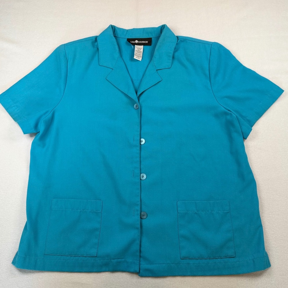 Sag Harbor Womens 18 Turquoise Blue Short Sleeve Button Up Shirt Pockets S43026S